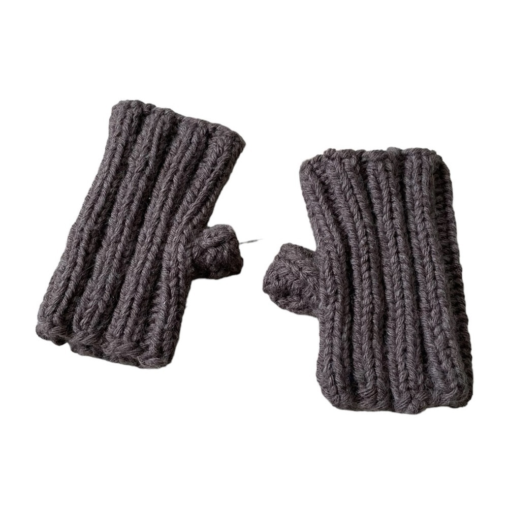 Hand Knit Handmade Wool Chinky Knit Fingerless Gloves Mittens Brown